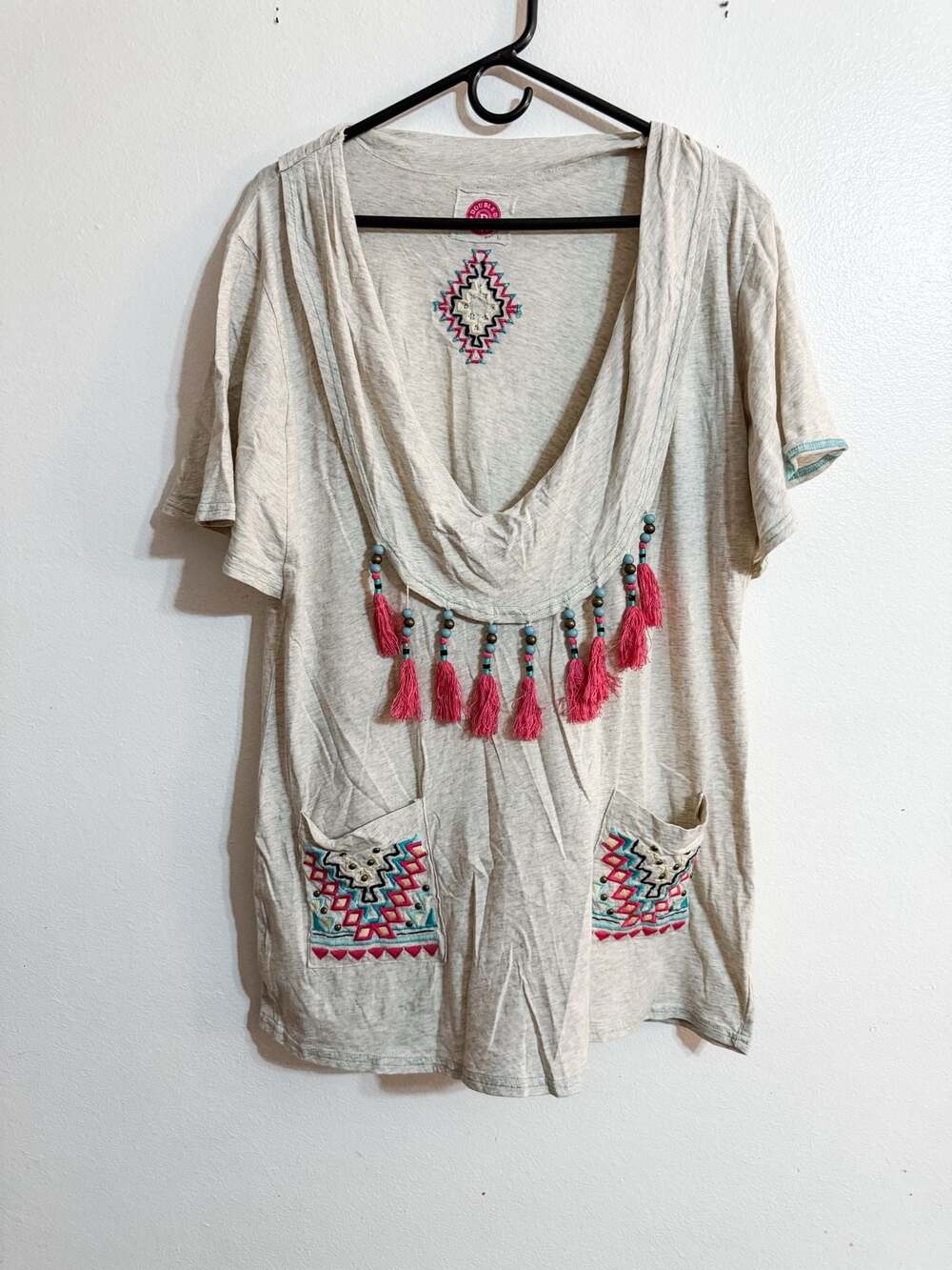 Double D Ranch Cream Short Sleeve Tee with Pink Tassels and Turquoise Embroidery